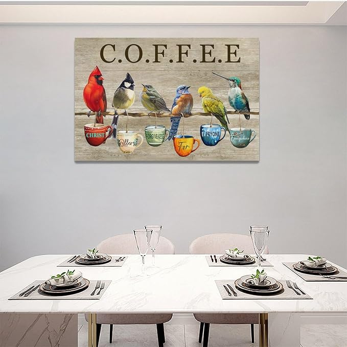 Rustic Bird Coffee Wall Art Kitchen Christ Coffee Pictures Wall Decor Farmhouse Cardinal Hummingbird Canvas Print Painting Artwork for Coffee Bar Living Room Bedroom 16"x24"