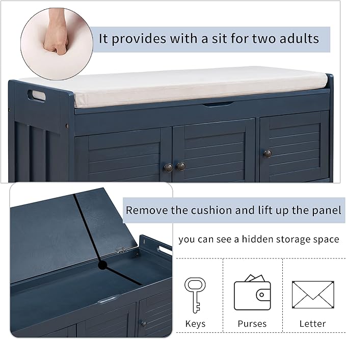 Storage Bench with 3 Shutter-Shaped Doors, Pine Wood Shoe Bench with Removable Cushion and Hidden Storage Space for Entryway Living Room 43.5" L * 16" W * 18" H, Antique Navy