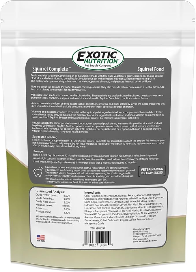 Squirrel Complete (15 lb.) - Healthy Natural Food - Nutritionally Complete Diet for Pet & Captive Squirrels - Ground, Grey, and Flying Squirrels, & Chipmunks