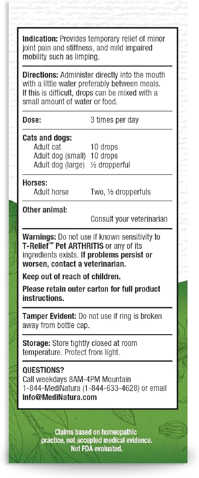 MediNatura T-Relief Pet Arthritis Relief Drops Arnica +12 Powerful Natural Homeopathic Medicines Help Ease Hip & Joint Pain Soreness & Stiffness for Dog & Cat - 1.69 oz (2 Pack)