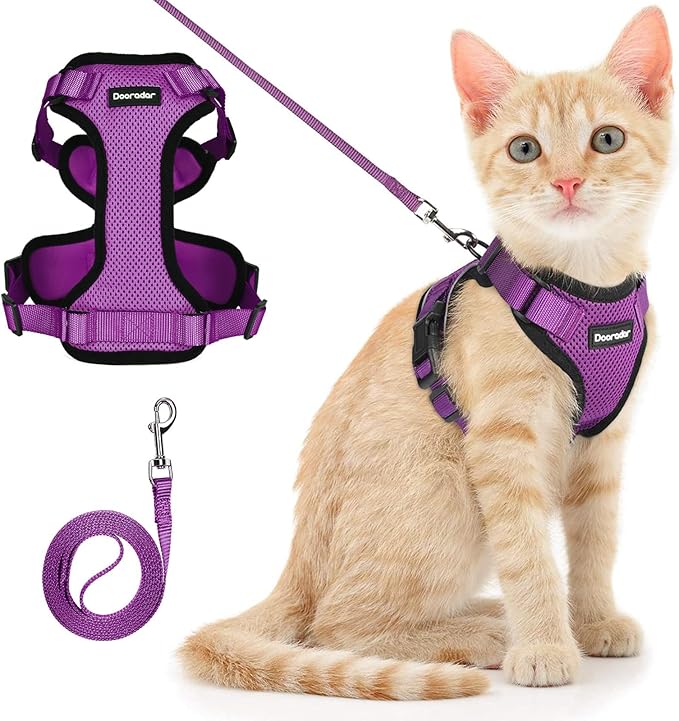 Dooradar Cat Harness and Leash Set, Escape Proof Safe Adjustable Kitten Vest Harnesses for Walking, Easy Control Soft Breathable Mesh Jacket with Reflective Strips for Cats, Purple, XXS
