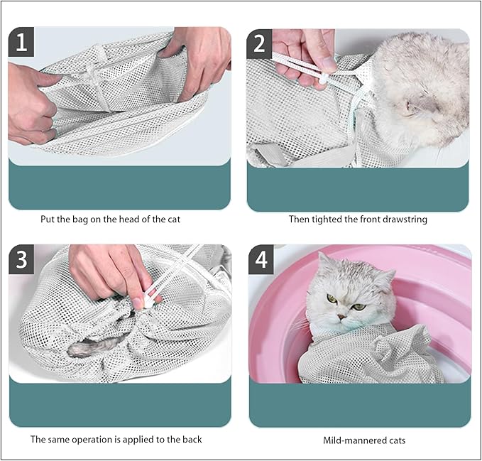 Anti-Scratch Silicone cat Shoes,Cat Claw Covers,Adjustable Multifunctional Anti-Bite Shower net Bag,Cat Grooming Mesh Bag,Cat Bathing Bag(Grey-2)