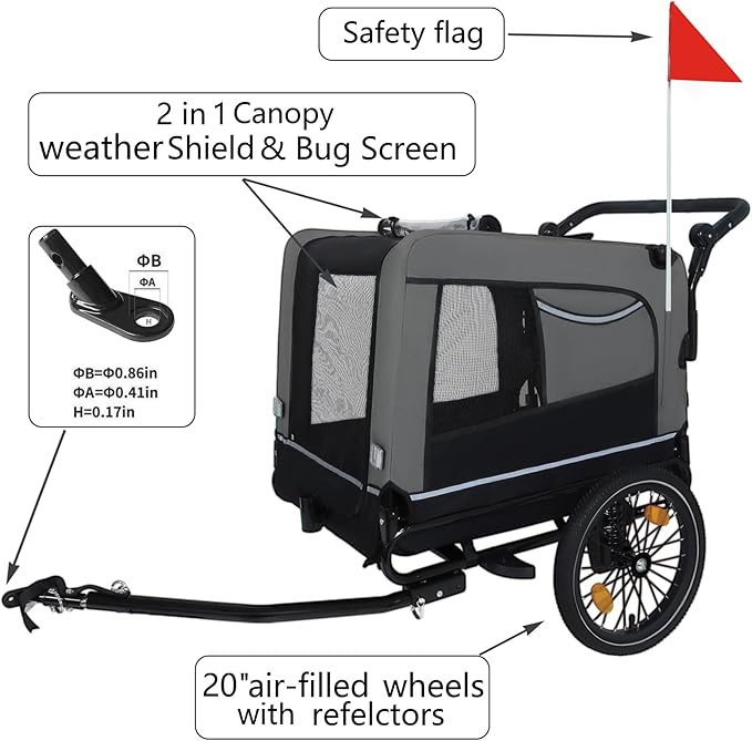 Pet Bike Trailer for Dogs, 88LBS Capacity Dog Bicycle Trailer with 20" Pneumatic Rubber Wheels, Multi-Directional Ventilation, Waterproof Cover, Perfect for Cycling with Pets