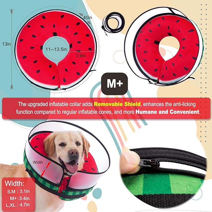 Inflatable Dog Cone Collar with Enhanced Anti-Licking, Soft Neck Donut for Dogs Cats, Recovery Pet Cone Collar After Surgery for Large Medium Small Dogs… (Watermelon, Medium+)