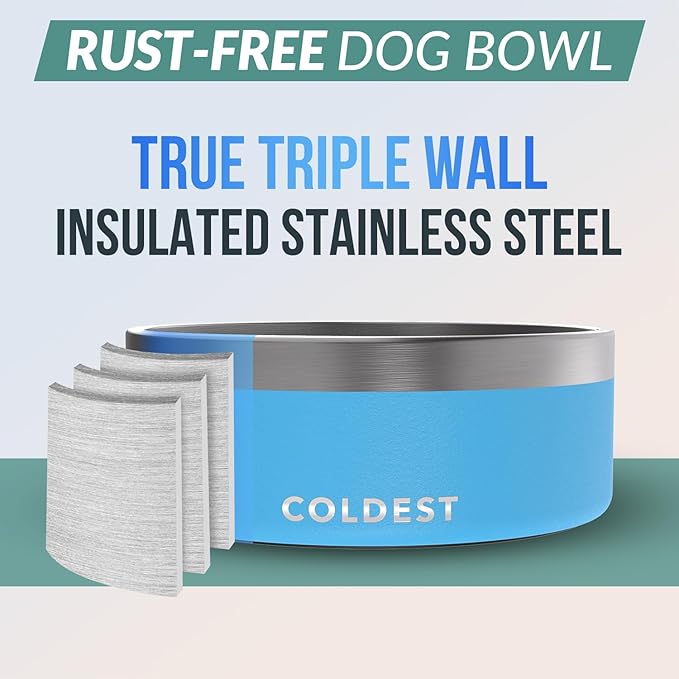 Coldest Dog Bowl - Anti Rust Metal, Non Slip, 3 Layers Insulated Stainless Steel Dog Bowls - Spill Proof & Heavy Duty - Water Bowl for Dogs, Cats & Pets, Dish Washer Safe (64 oz, Celestial Blue)
