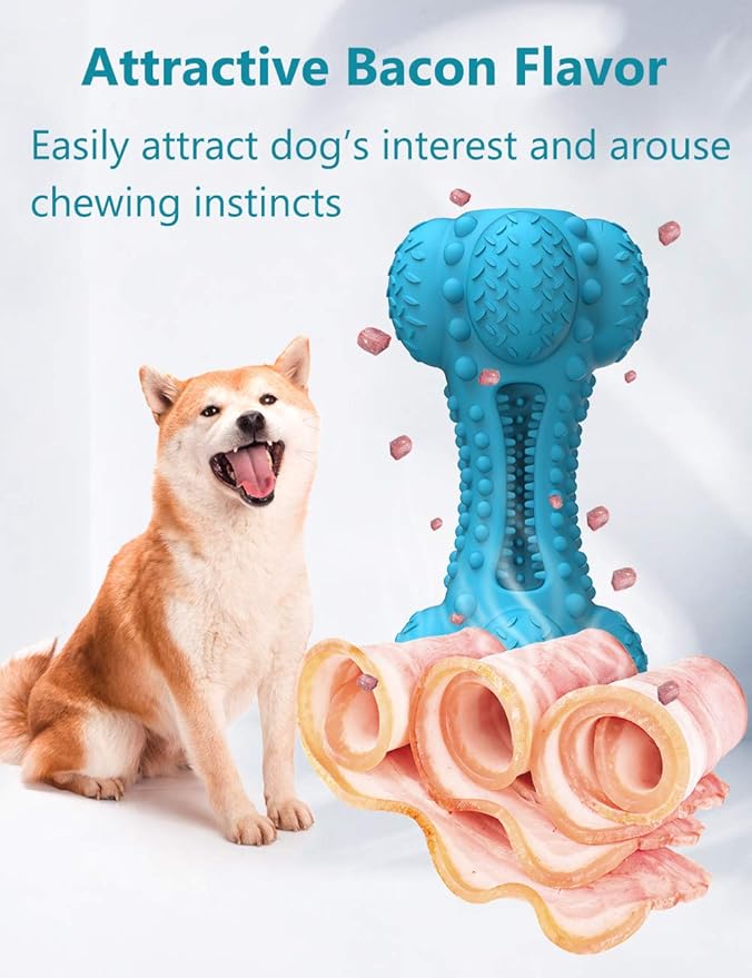 SCHITEC Squeaky Dog Chew Toy, Tough Durable Natural Rubber Bone with Toothbrush, Indestructible for Aggressive Chewers Large Medium Breed Teeth Cleaning