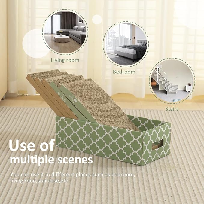 MECOOL Cat Scratching Board,5PC Cat Scratch Pad with Box,Reversible Corrugated Cat Scratcher Cardboard and Lounge Bed for Indoor Cats, Catnip