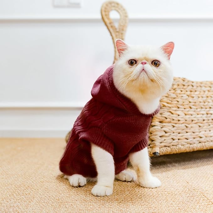 PUPTECK Winter Dog Cat Sweater Coat - Soft Cold Weather Clothes Knitwear for Kitties & Small Dogs Indoor Outdoor Walking Warm, Knitted Classic for Doggies Kitties Girls Boys, Dark Red L