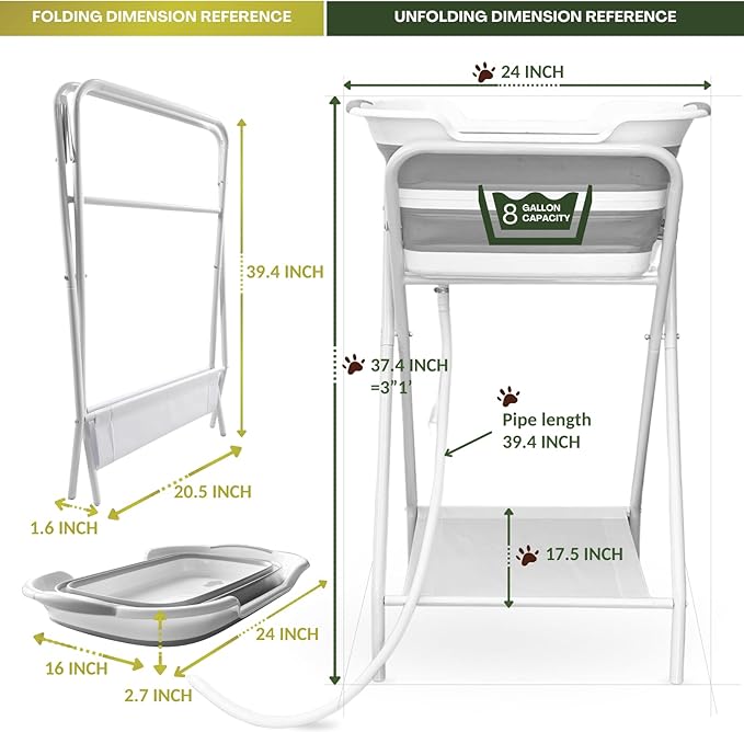 CYGNE 2-in-1 Dog Bathtub & Washing Station, Elevated Collapsible Bathtub with Drainhole & Storage Rack, Foldable Portable Indoor/Outdoor Pet Bathing & Grooming for Small Dogs Cats
