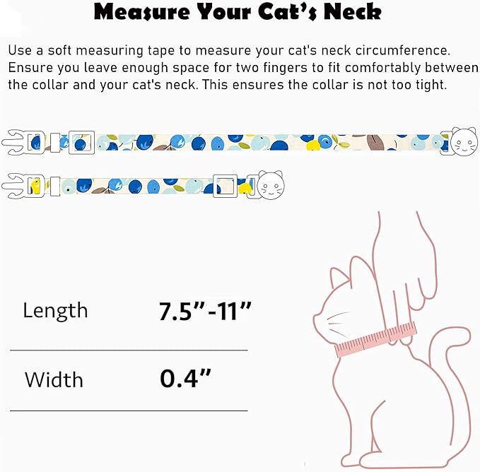 2 Pack Cotton Breakaway Cat Collars Set with Bell and Flower Pendant, Cute Floral Fruit Patterned, Adjustable 7.5-11Inch, Include A Mouse Toy Gift (Watermelon Blueberry)