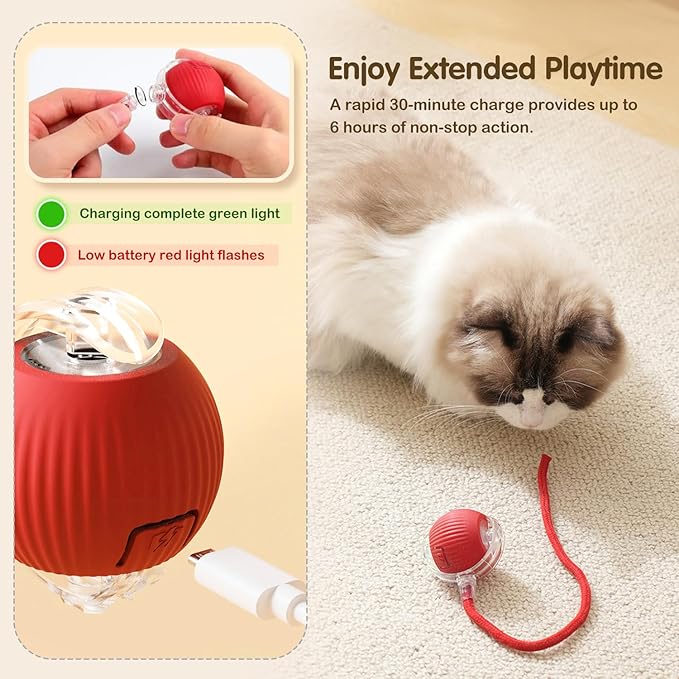Interactive Cat Toy Ball, 2025 Upgraded Cat Toys for Bored Indoor Adult Cats, Self Rolling Interactive Dog Ball Toy, Automatic Smart Pet Toy Ball Kitten Toys (Red)