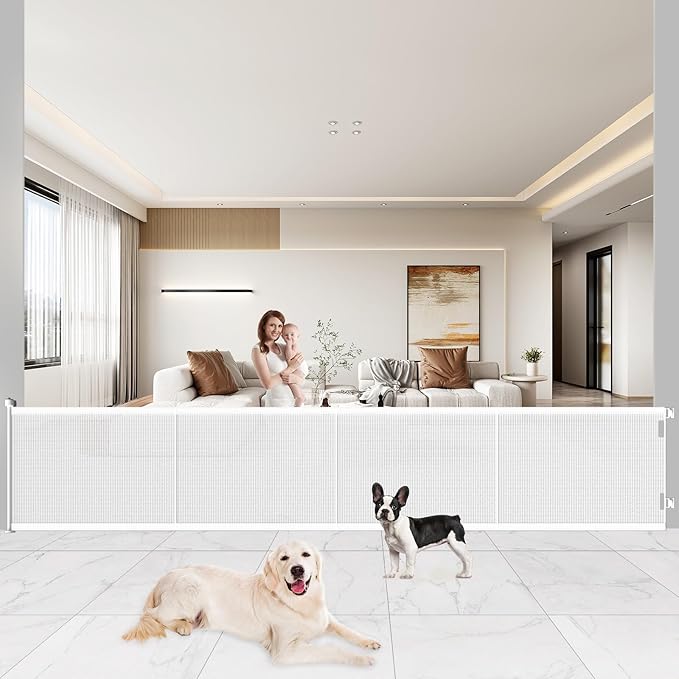 Pawtners Retractable Baby Gates Extra Wide, 41" Tall Extends up to 200" Wide, Dog Gate Indoor for Stairs, Pet Gate with Support Rods for Doorways Hallways Garage Indoor & Outdoor-White