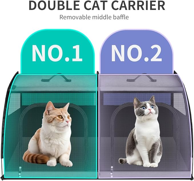 Double Cat Car Travel Carrier, Twin Compartment Show House Cat Cage/Condo,Portable Pet Crate for 2 Cats Travel Double Dog Crate Set for Long Distance Travel