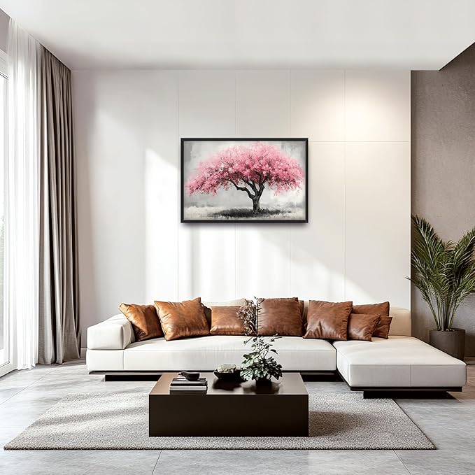 Extra Large Framed Pink Tree Wall Art,Abstract Tree of Life Wall Decor,Pink and Grey Pictures for Living Room,Canvas Print Painting Modern Artwork Bedroom Office Bathroom Home Decor 36L x24W