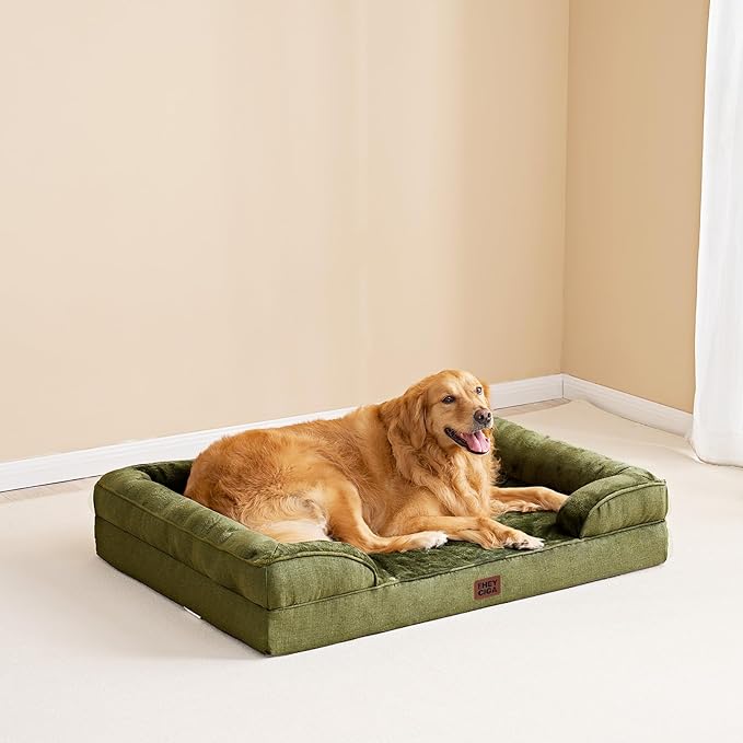 EHEYCIGA Orthopedic Dog Beds for Extra Large Dogs 44x32Inch, Waterproof Memory Foam XL Pet Bed with Sides, Non-Slip and Egg-Crate Foam Big Dog Couch Bed with Washable Removable Cover, Olive Green