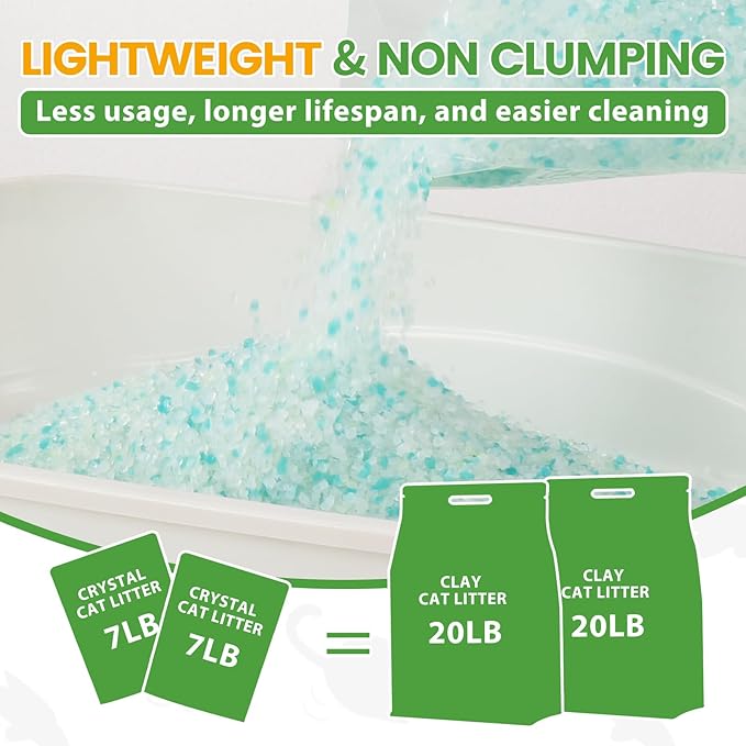NEWORD Crystals Cat Litter Superior Odor Control 14 lbs Total (2 Pack of 7lb Bags) Soft-On-Paws Low Tracking Dust-Free Green Silica Gel, Aloe Vera Fragrance