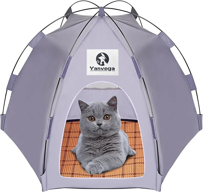 Yanvega Cat Tent Cat Beds for Indoor Cats Pet Supplies, 23.6" × 23.6" × 16.8" Cat Pop Up Tent Collapsible Cat House Cat Cave Outdoor, No Assemble Required High Elastic Frame with Ground Nail (Gray)