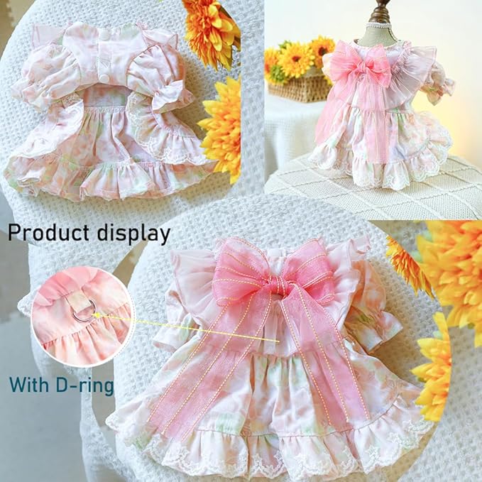 Pink Dog Dress for Small Dog Girl Spring Puppy Clothes with Bow Puff Sleeves Cat Outfit Doggy Princess with Leash Ring Doggies Harness Dress Summer Pet Apparel (Pink, Medium)
