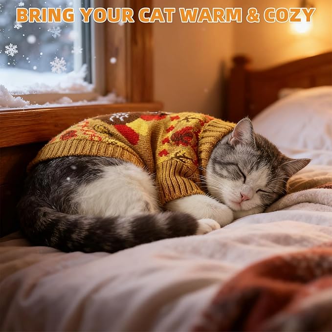 KOOLTAIL Thanksgiving Cat Sweater Turtleneck - Soft Knit Cat Sweaters for Cats Only, Turkey Pattern Thick Warm Winter Cold Weather Pet Clothes for Small Medium Large Kitten Puppy Boys Girls, Brown S