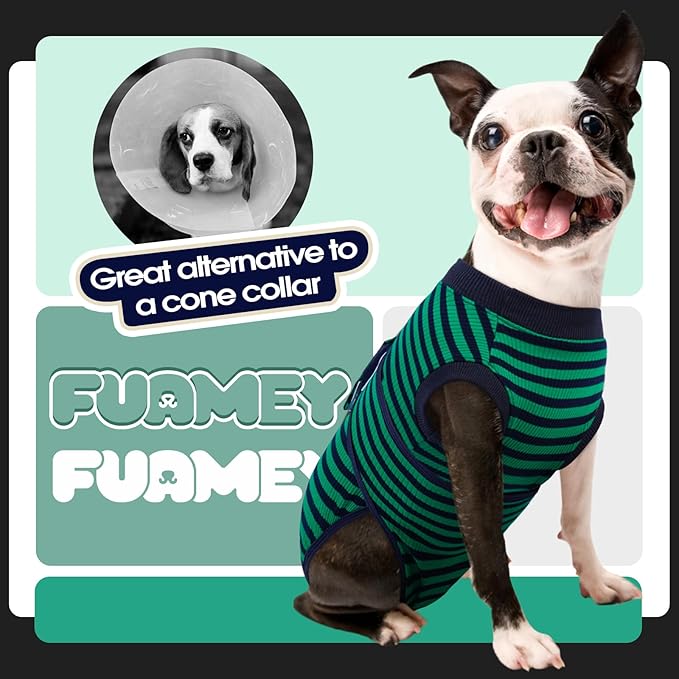 FUAMEY Recovery Suit for Dogs After Surgery,Soft Breathable Dog Bodysuit E-Collar & Cone Alternative Surgical Suit,Male Female Dog Neuter Spay Suits Anti Licking Wounds Onesie Green Black Stripes S