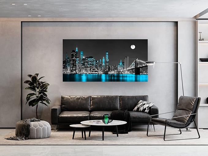 Jiuqinghua Wall Art Decor Canvas Print Picture 1 Panel Black White and Blue New York Brooklyn Bridge Cityscape Night Building Painting for Kitchen Office Home Decor Framed Ready to Hang 20x40inch