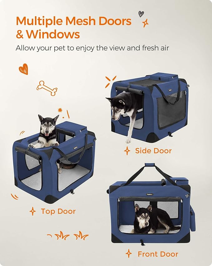 Feandrea 36 Inches Collapsible Soft Dog Crate, Portable Travel Dog Crate for Indoor and Outdoor Use, Dog Carrier Kennel with Safety Zippers, for Living Room, Car, Travelling, Campin, Dark Blue UPDC90Z