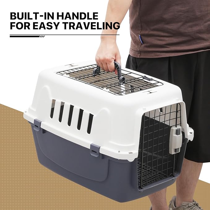 MoNiBloom 22-Inch Dog Crate Plastic 2-Door Top Loading Cat Carrier, Hard-Sided Dog Travel Carrier for Small Dogs and Cats, Ventilation and Security Lock Design for Pets up to 22 lbs (Grey)