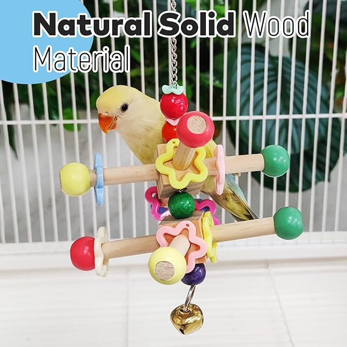2 Pcs Parakeet Toys, Natural Wood Spinner with Bells, Hanging Cage Accessories for Small Medium Birds to Relieve Boredom and Anxiety