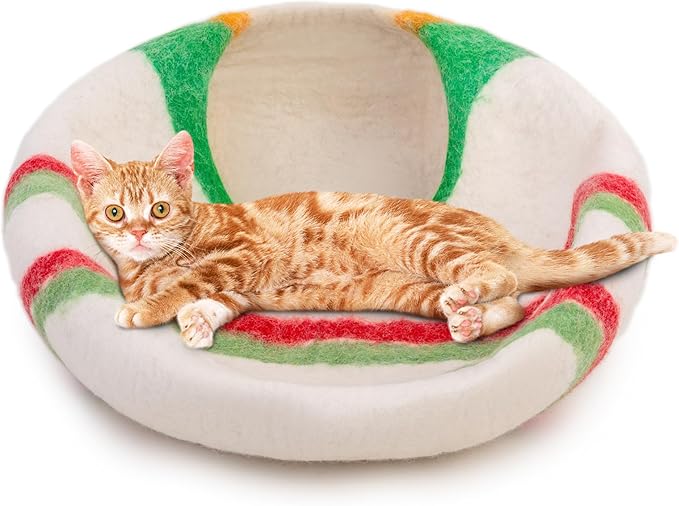 Woolygon Premium Felt Cat Cave Bed โ Wool Kitty Beds Handcrafted Kitten Caves Bed for Indoor Cats - Made from 100% Eco-Friendly Merino Wool, Foldable Cat Hidewawy Covered Cat House Pod (Candy Swirl)