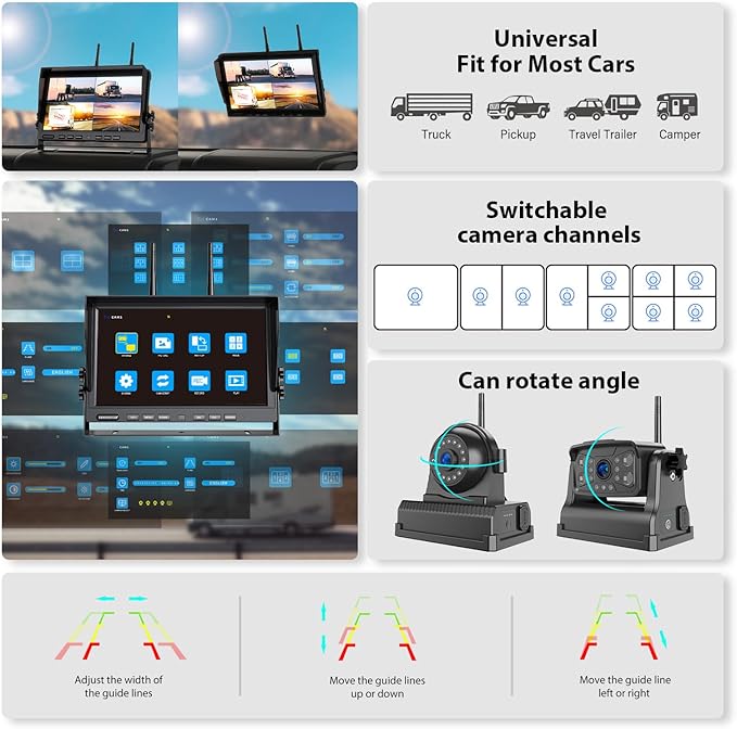 3 Magnetic Wireless Backup Camera with HD 1080P 10" DVR Monitor, 1-Rear View 2-Side View Cameras Wireless System for RV Trailer Trucks, Built-in 9600mAh Battery,Night Vision,Recording- ZEROXCLUB BC103