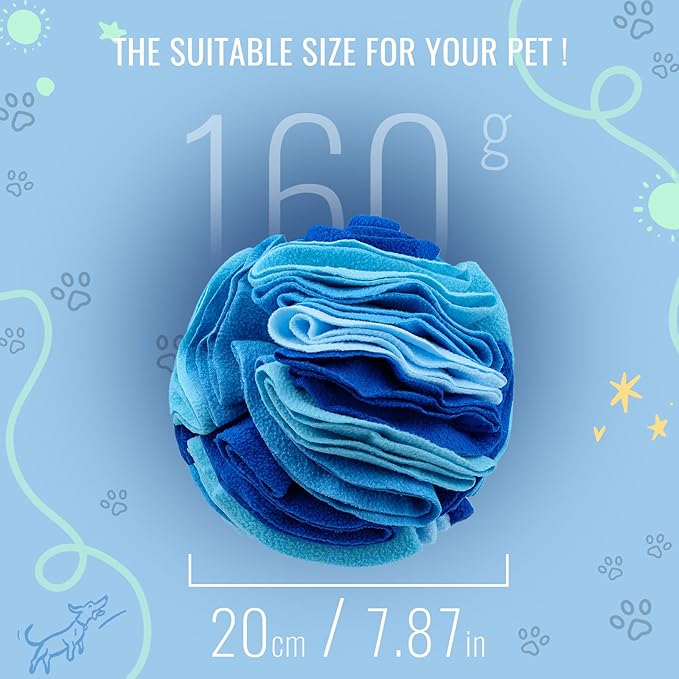Pet Snuffle Ball, Puzzle Sniffing Interactive Dog Ball for Blind Dogs Training Stress Relief Dog Enrichment Toys Treat Machine Washable (20cm, Ocean Blue)