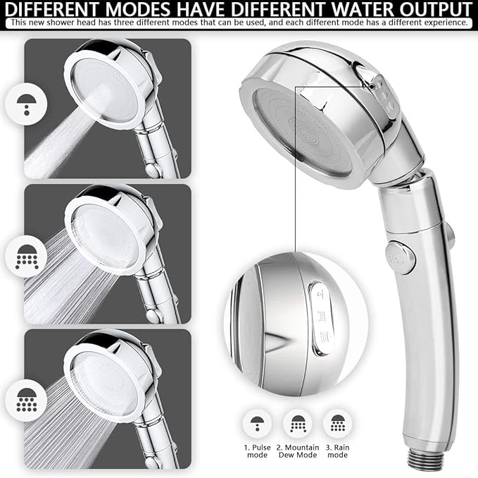 Modern 3-Setting Detachable Shower Head with 59-Inch Hose, High Pressure Water Saving, 360 Rotating Adjustable Handheld Shower Head with ON/OFF Switch and 3 Spray Modes, Chrome Finish