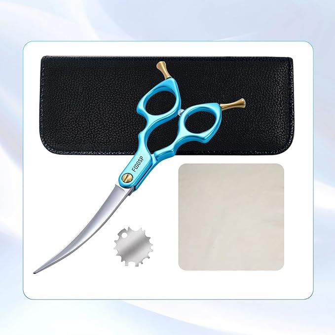 Professional Curved Dog Grooming Scissors with Sharper Self Grinding lightweight and finely trimmed split structure 6.5'' Japan VG10 63HRC for small dogs cat pet(Blue)