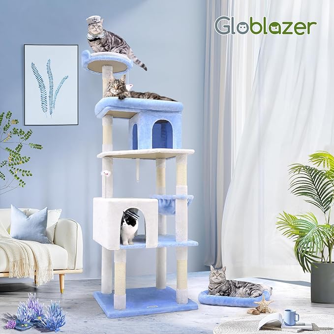 Globlazer Heavy Duty Cat Trees for Large Cats, Sturdy 72in Maine Coon Cat Tree for Large Cats 20 lbs+ Heavy Duty Cat Tower for Adult Biggest Cat with 6 Scratching Posts, Hammock, S72, Ocean Blue
