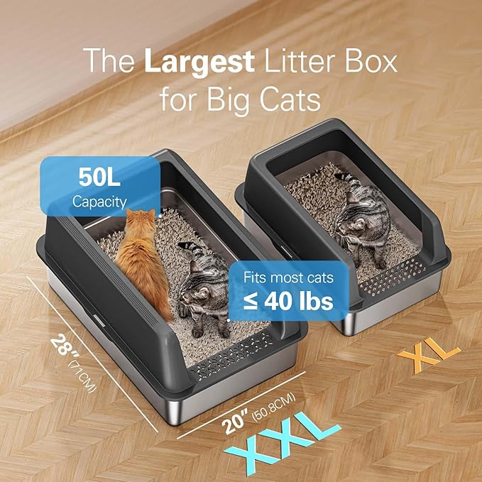 Zarler XXL Stainless Steel Litter Box, Extra Large Cat Litter Boxes 27.8" L x 20" W x 12.9" H, Jumbo Metal Litter Box with Lid for Multiple Cats, High Sided, Non-Sticky, Anti-Urine Leakage (Black)