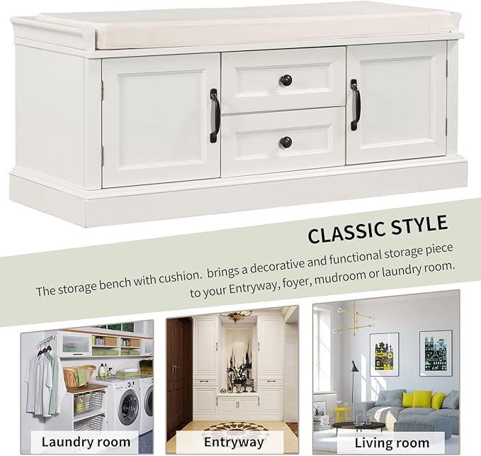 Storage Bench with 2 Drawers and 2 Cabinets, Pine Wood Shoe Bench with Removable Cushion for Living Room, Entryway 42.5" L x 15.9" W x 17.5" H (White)