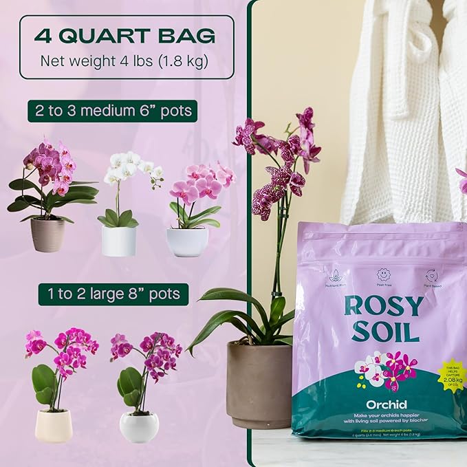Rosy Soil Orchid Soil Potting Mix - Superior Aeration & Drainage for Orchids - Peat-Free, Microbially Active Biochar Powered Soil for Orchid Plants - Ideal for Indoor Gardening - 4 Quarts