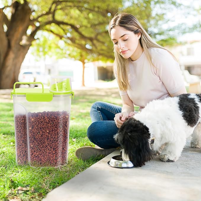 5-7Lbs Cat Dog Storage Container, Portable Pet Food Containers with Upgraded Large Spout and Cup, Small Animal Kibble Dispenser for Bird Seed, Oatmeal, Rice, Flour (1, Bright Green, 5L)