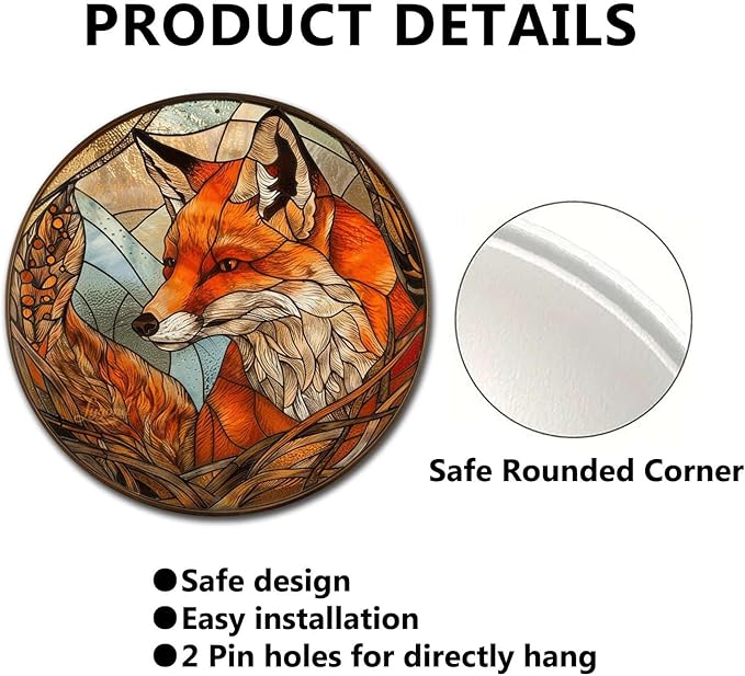 Lygond Metal Sign Tin Sign Circular Stained Glass Fox Gardening Decor Gift for Bar 8×8 Inches