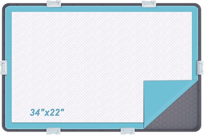 Pee Pad Tray Holder for Dogs, Extra Large Soft Silicone Pet Pad Holder 34" x 22" Pee Pads, Non-Slip High Edge for Leak-Proof Urine, Floor, Cat Litter Mat with 6 Clamps