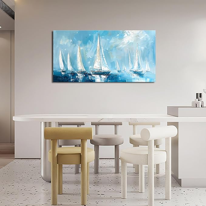 Large Blue and White Sailboat Wall Art Nautical Sails Canvas Living Room Ocean Pictures Framed Prints Oversize Wall Decor Painting Artwork for Bedroom Dining Office Home 60"x30"