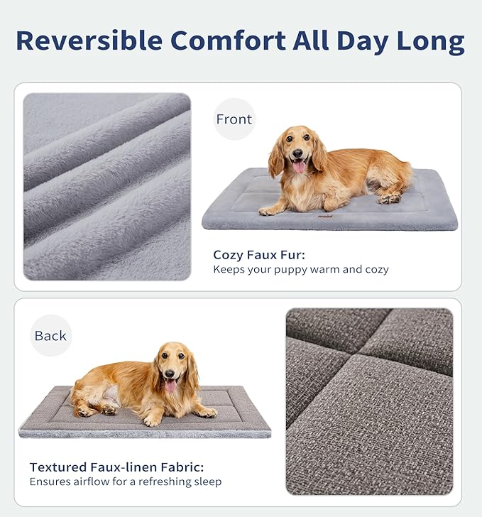 Made4Pets Dog Crate Pad Bed for Large Dogs, Washable & Reversible, Anti-Slip Kennel Mat for Cozy Sleeping, Soft Fluffy Dog Bed for Indoor & Outdoor Use, 36"x27", Gray