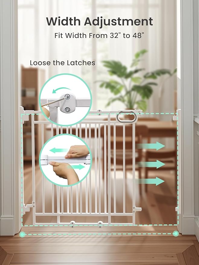 Grownsy Baby Gate for Stairs- No Bottom Bar, Adjustable Width 32โ to 48โ for Child and Pet, Dog Gate with Auto-Close & One-Hand Operation, Screw-in Installation for Doorways and Indoor Use