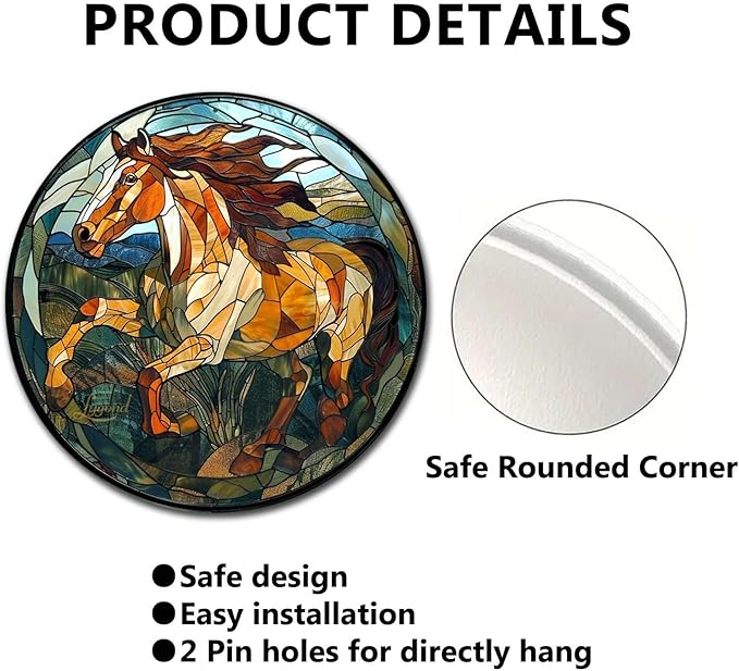 Lygond Metal Sign Tin Sign Circular Stained Glass American Mustang Garden Metal Sign for Gift 8×8 Inches