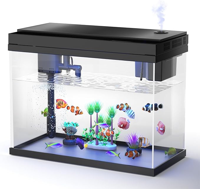 Fish Tank Aquarium Kit, 2.38 Gallon Beta Fish Aquariums, UHD Glass,Temperature Sensing, 7-Color Lighting Small Fish Tank for Kids/Desktop Decor