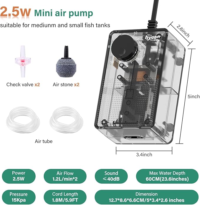 hygger See-Through Air Pump for Aquarium: Adjustable Oxygen Pump,Silent Powerful Aerator Pump 2.5W 2 Air Outlets Ultra Silent for Small Medium Fish Tank,Hydroponic Systerm, Household Commercial Use