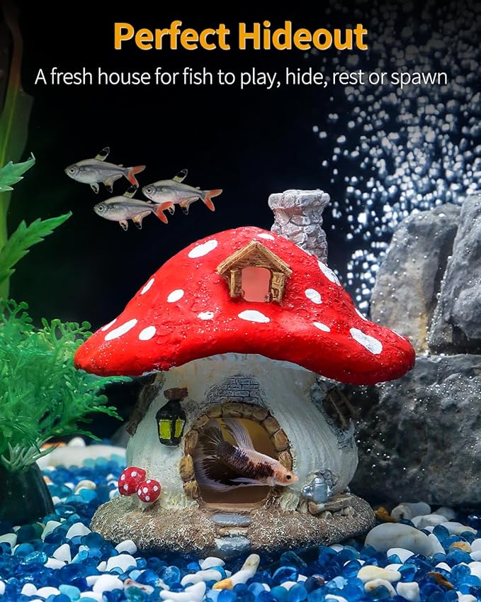 Uniclife Resin Mushroom House Decoration Cottage Ornament for Reptile Hide Cave Hideout Hideaway Spawning Cave Decor for Arboreal Reptiles Shrimp Betta Goldfish, Terrarium & Vivarium Decor