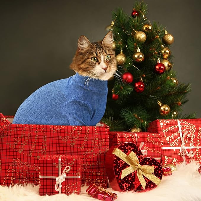 Idepet Sphynx Hairless Cats Sweater Shirt Kitten Soft Puppy Clothes Pullover Cute Cat Pajamas Jumpsuit Cotton Apparel Pet Winter Turtleneck for Cats and Teacup Chihuahua(2 Pack-Blue&Pink,L)