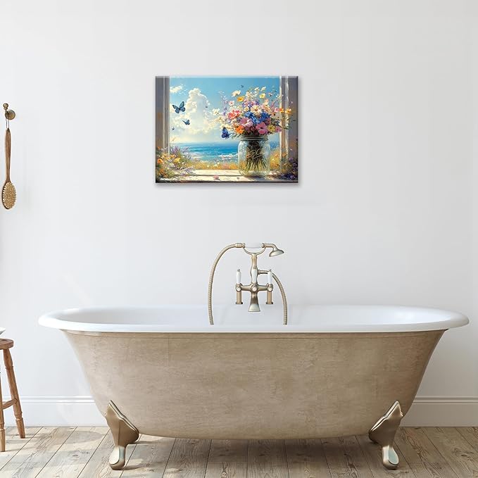 Beach Floral Bathroom Pictures Wall Art, Colorful Flower Bathroom Wall Decor, Coastal Ocean Framed Painting Canvas Artwork for Bedroom Living Room Decorations 20"L x 16"W