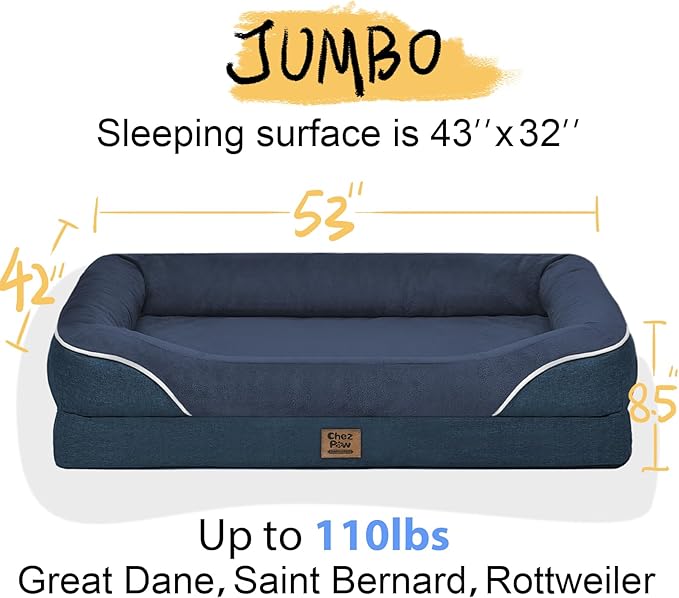 Washable Orthopedic Large Dog Bed - Removable Waterproof Cover with Bolster Machine Washable Extra Large Dog Bed Foam Support XL Large Big Pet Dogs Beds